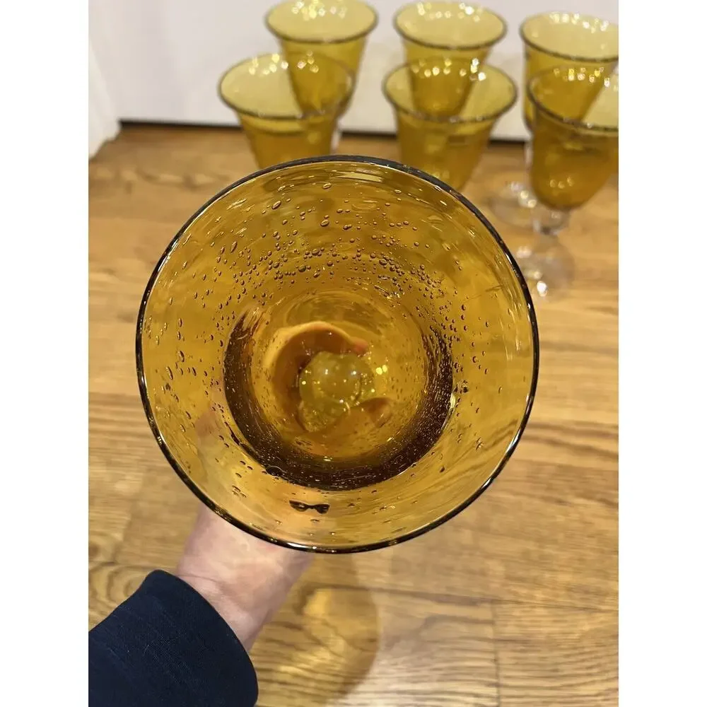Artland Water Goblets Iris Citrine Amber Set Of 6 Bubbled Bowl Clear Stem‎